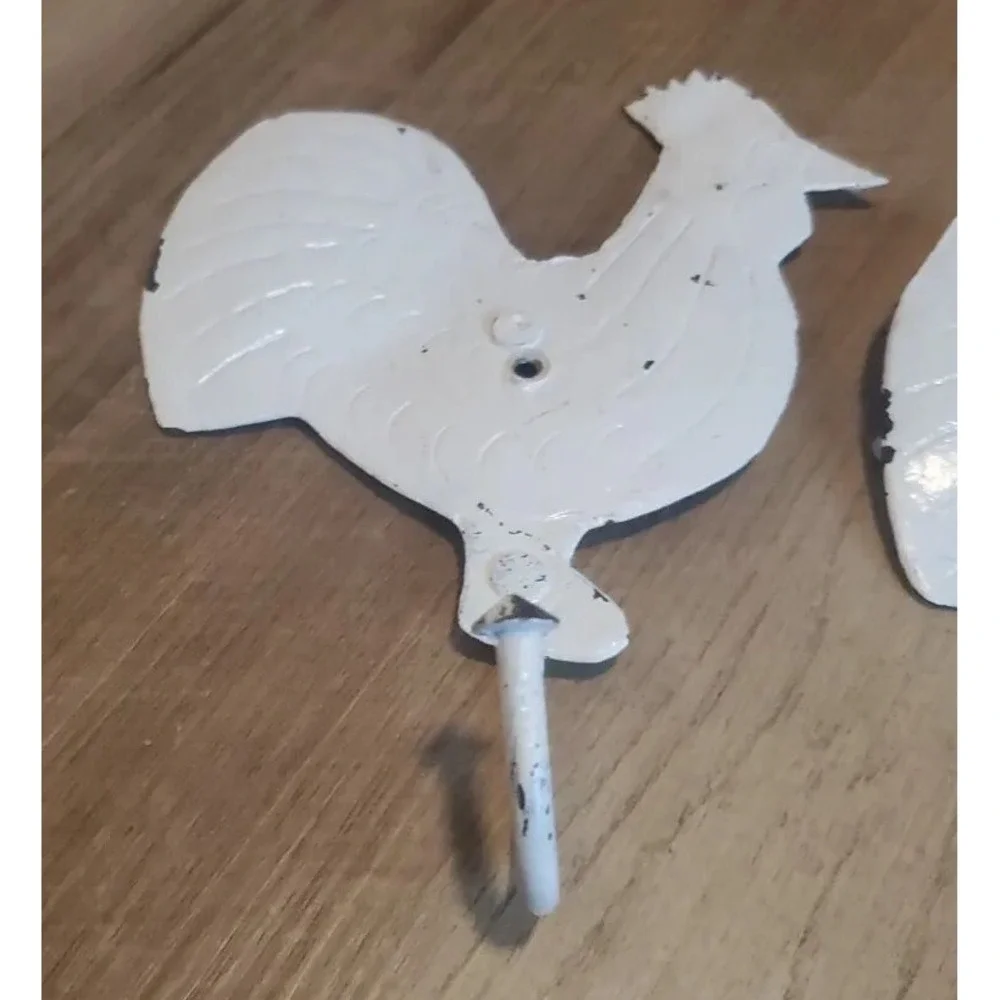 Set of 5 Rooster Chicken Hooks Rustic Distressed White Decor Farmhouse *READ